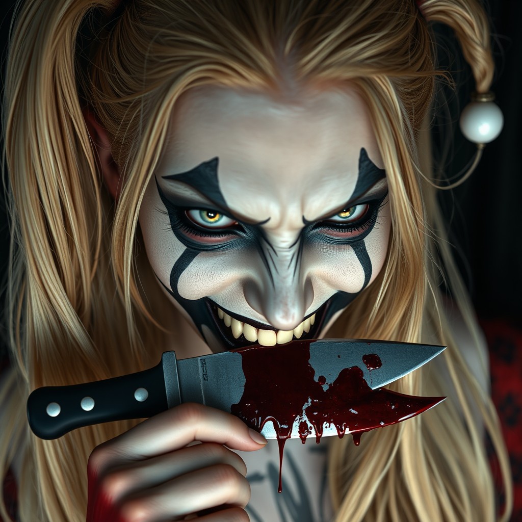 An eerie and beautiful female harlequin character with long, flowing blonde hair