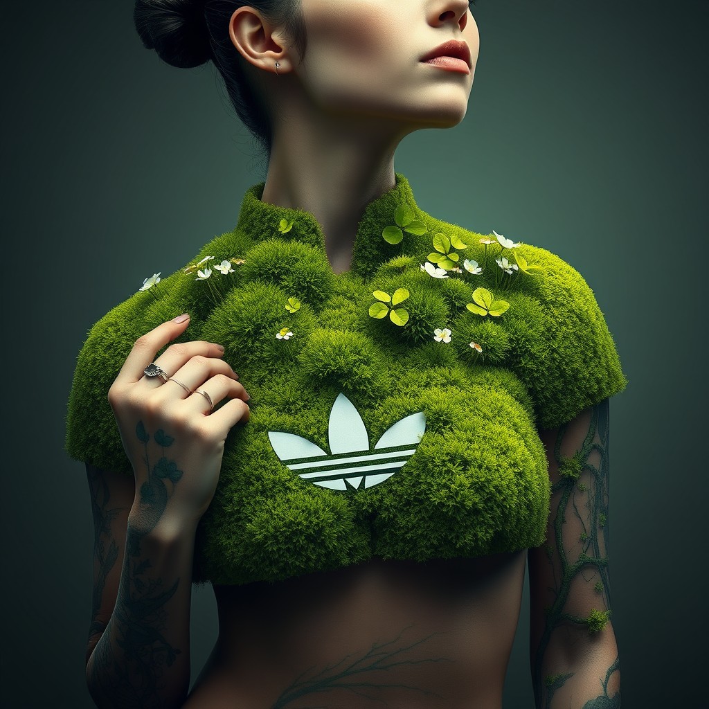 A mesmerizing digital portrait featuring a person with vibrant green moss appearing to grow organically from their skin, forming a living garment