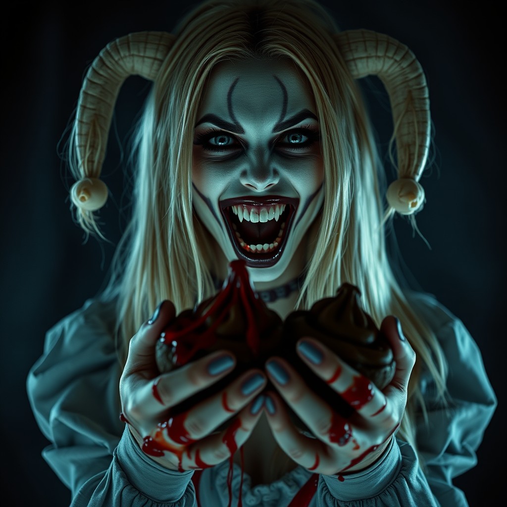 An eerie, beautiful female figure embodies a harlequin persona, featuring long blonde hair cascading down her shoulders