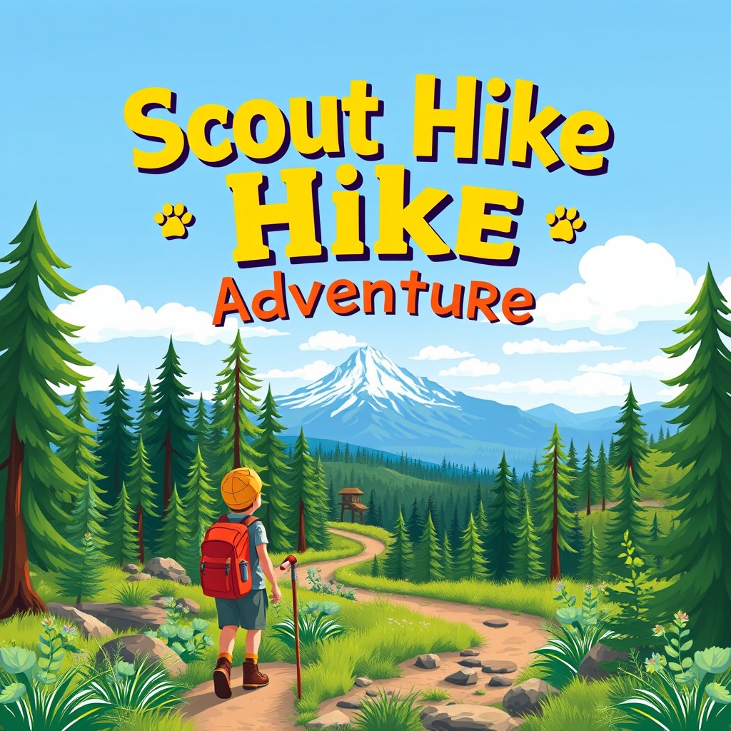 A vibrant and captivating cover page for a scout hike, featuring a scenic outdoor landscape
