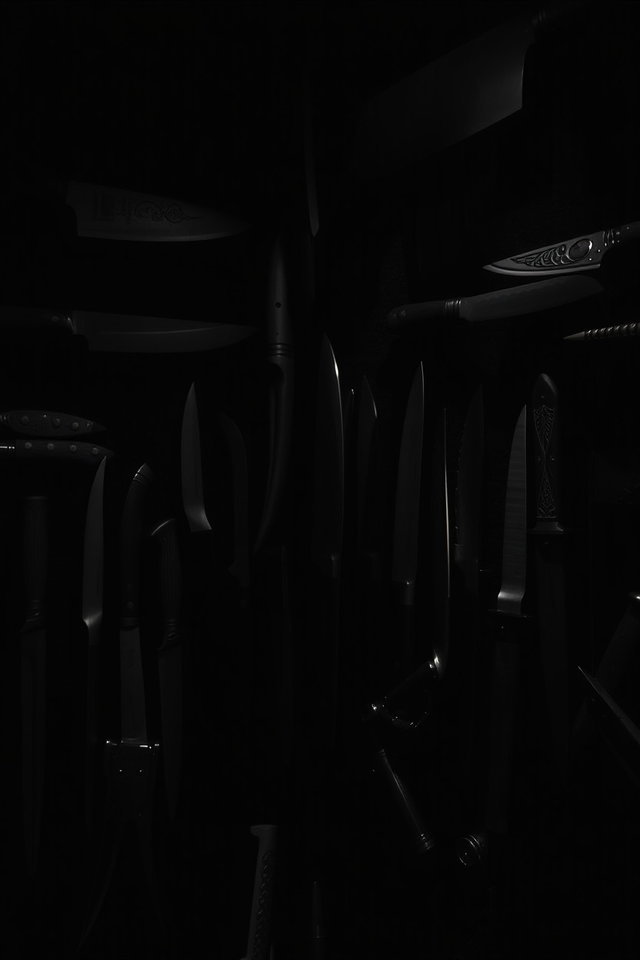 A dark room filled with an assortment of knives displayed in various styles and sizes