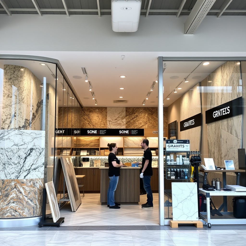A beautifully designed building stone shop, showcasing various types of stones including granite, marble, and quartz