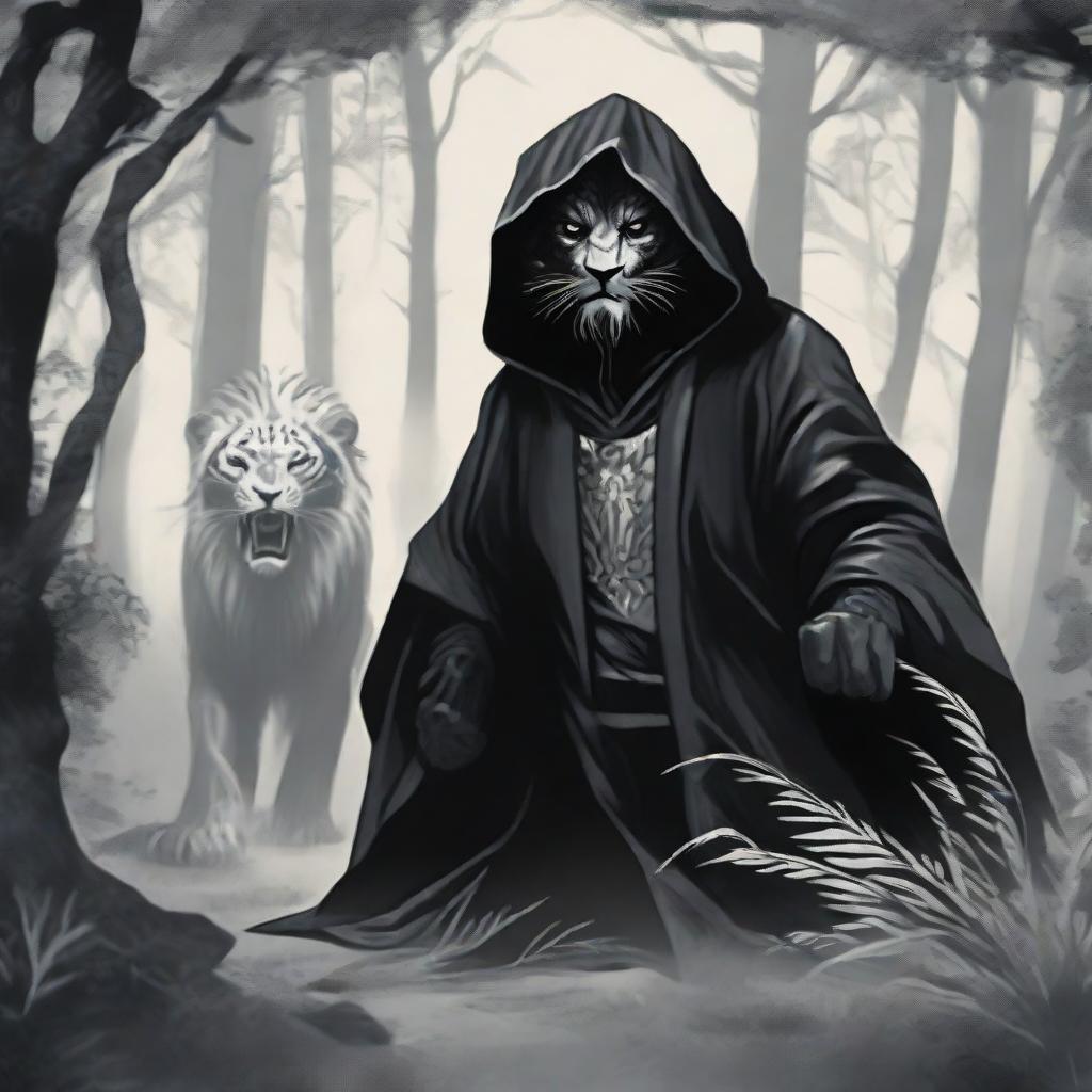 A masked man, shrouded in a black hooded robe with silver lion stripes, roaring vociferously amidst the wilderness.