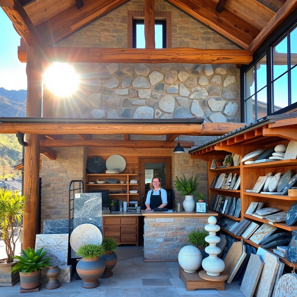 A picturesque stone shop showcasing a variety of building stones, including granite, marble, and slate