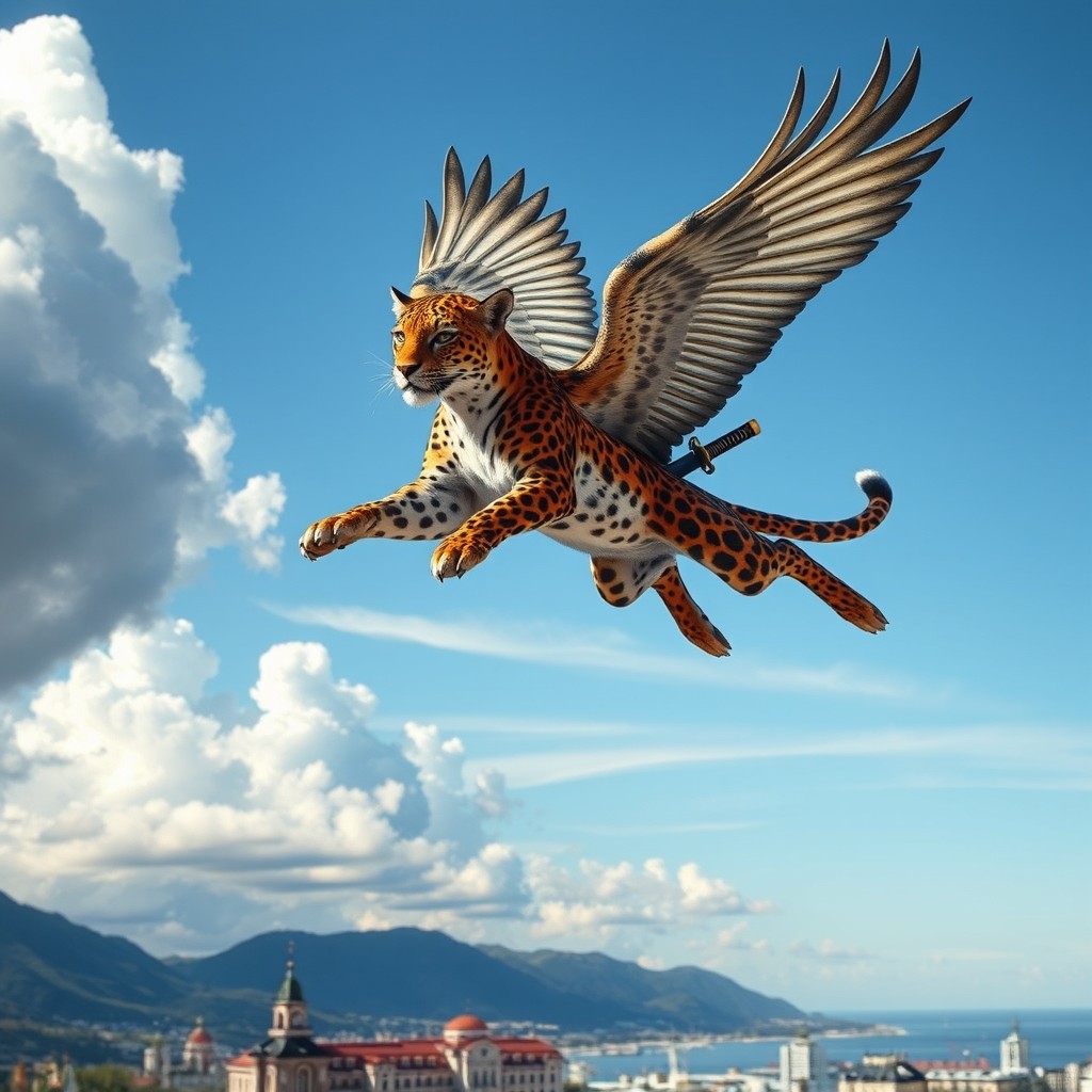 A majestic winged leopard soaring through the sky above Sochi, embodying a samurai style