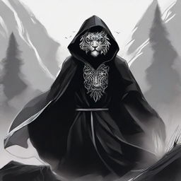 A masked man, shrouded in a black hooded robe with silver lion stripes, roaring vociferously amidst the wilderness.