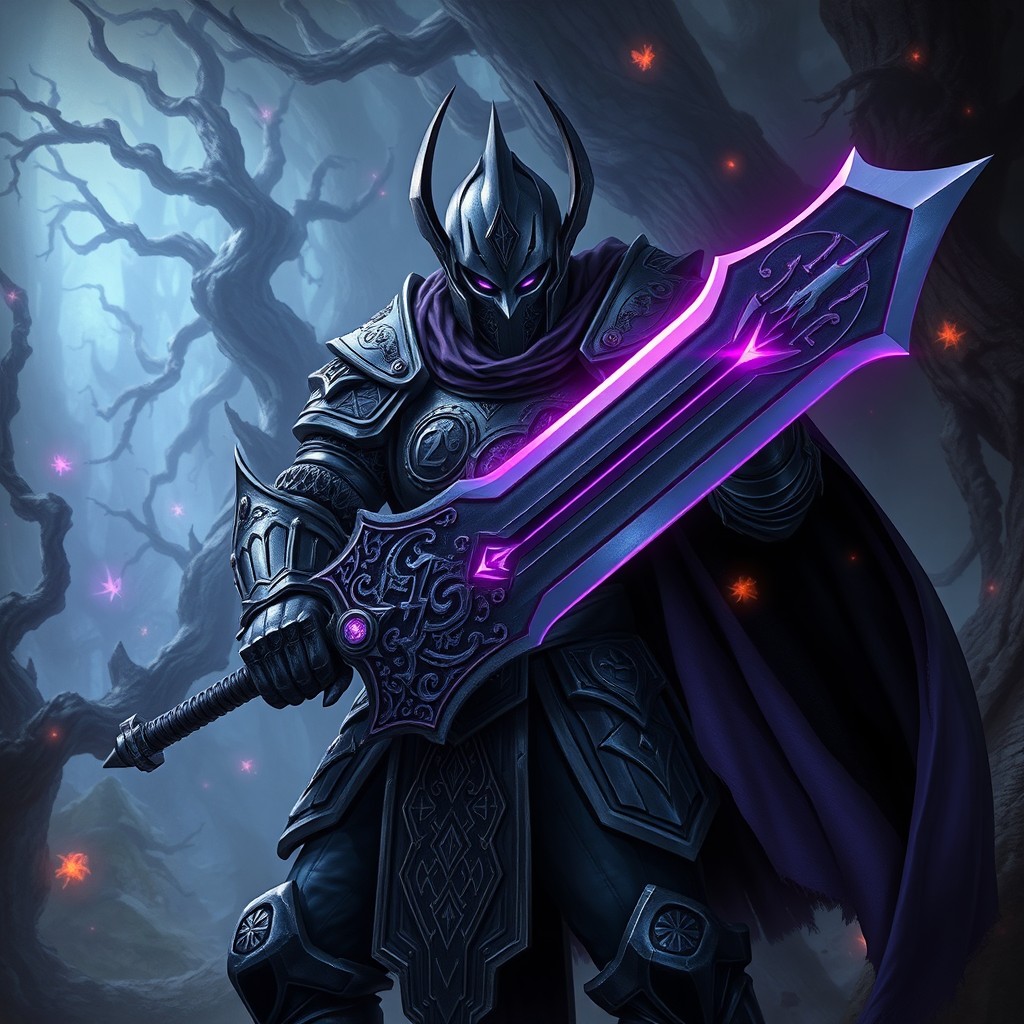 A powerful and imposing Hexblade Knight in a fantasy setting, wearing intricately designed dark armor adorned with glowing runes