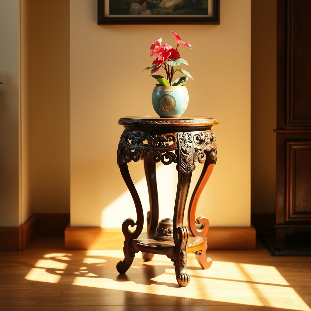 A beautifully crafted wooden stand, showcasing elegant curves and intricate carvings
