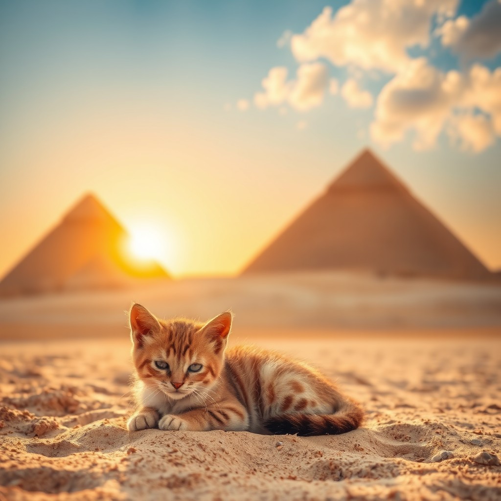 A small cat peacefully resting at the base of the Great Pyramids of Giza during sunset, the golden light illuminating the majestic limestone structures