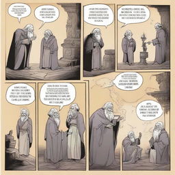 A 4-page 2D comic strip. 1st page: Three men greeting an old grandmother. 2nd page: Evil king sitting on his throne. 3rd page: The three men defeating the evil king. 4th page: One man mourning by two graves