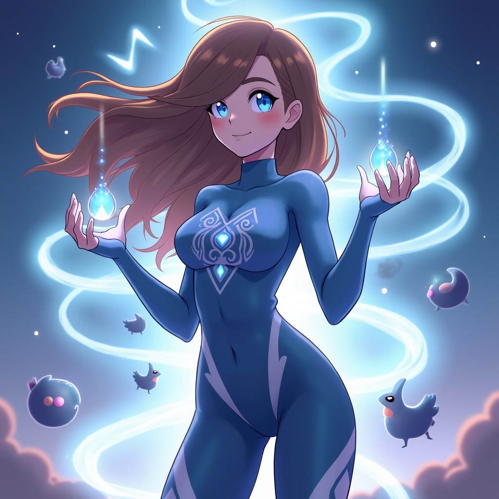 A mesmerizing female Psychic Pokémon trainer with flowing brown hair and vivid blue eyes, wearing a sleek, futuristic outfit that includes a form-fitting bodysuit adorned with glowing patterns representing psychic energy