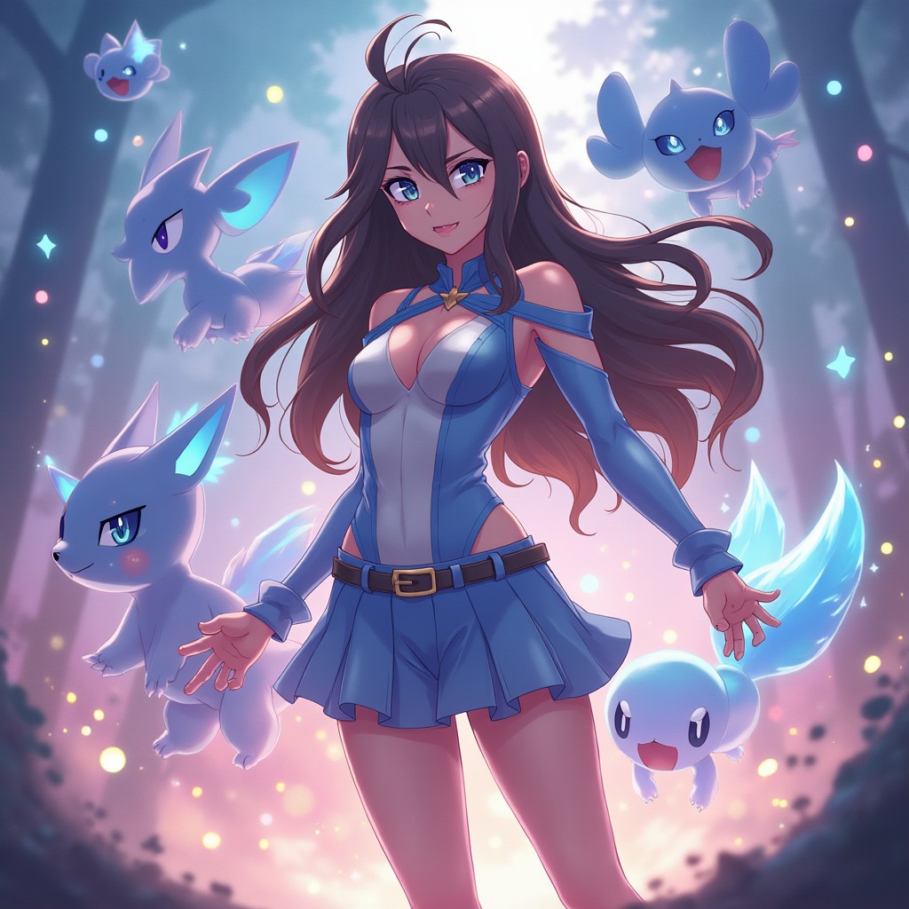 A dynamic female Psychic Pokémon trainer with long brown hair and captivating blue eyes, wearing a stylish short skirt and a fitted, elegant top that suggests both power and grace