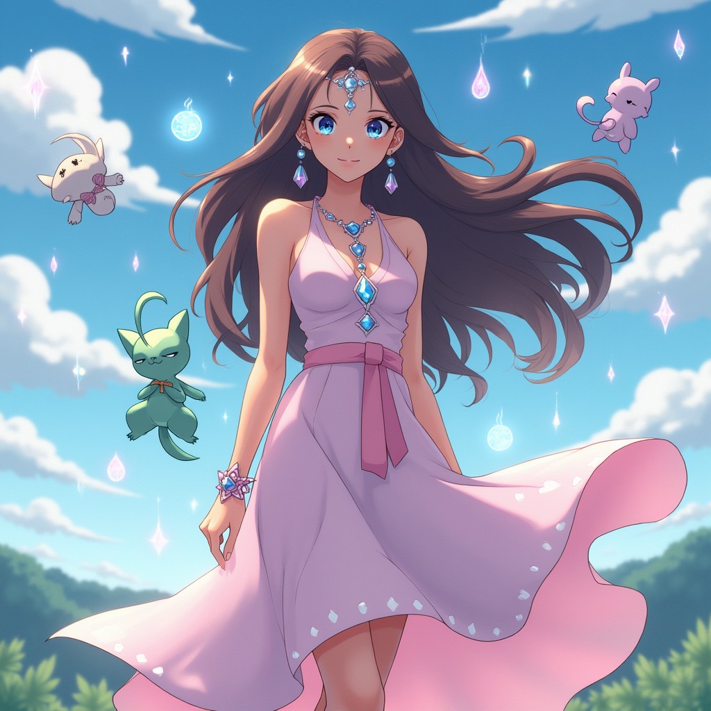 A mesmerizing female Psychic Pokémon trainer with long brown hair and sparkling blue eyes, wearing a flowy, elegant skirt that dances with the wind
