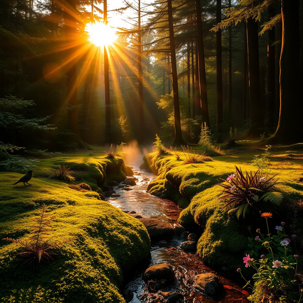 A serene forest scene during sunrise, with golden sunlight streaming through dense trees, casting beautiful light and shadows on the forest floor