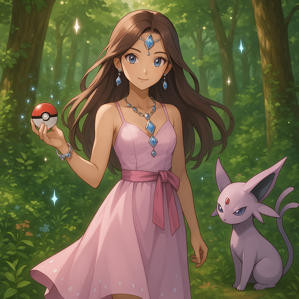 Center in the back ground in the middle of a beautiful forest holding a poke ball with one espeon on the right side