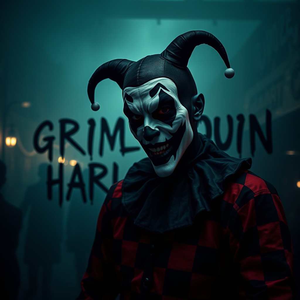 A dark, mysterious scene featuring a grim harlequin character