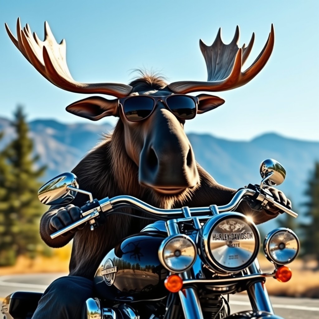 A real moose wearing stylish sunglasses, confidently riding a Harley Davidson motorcycle
