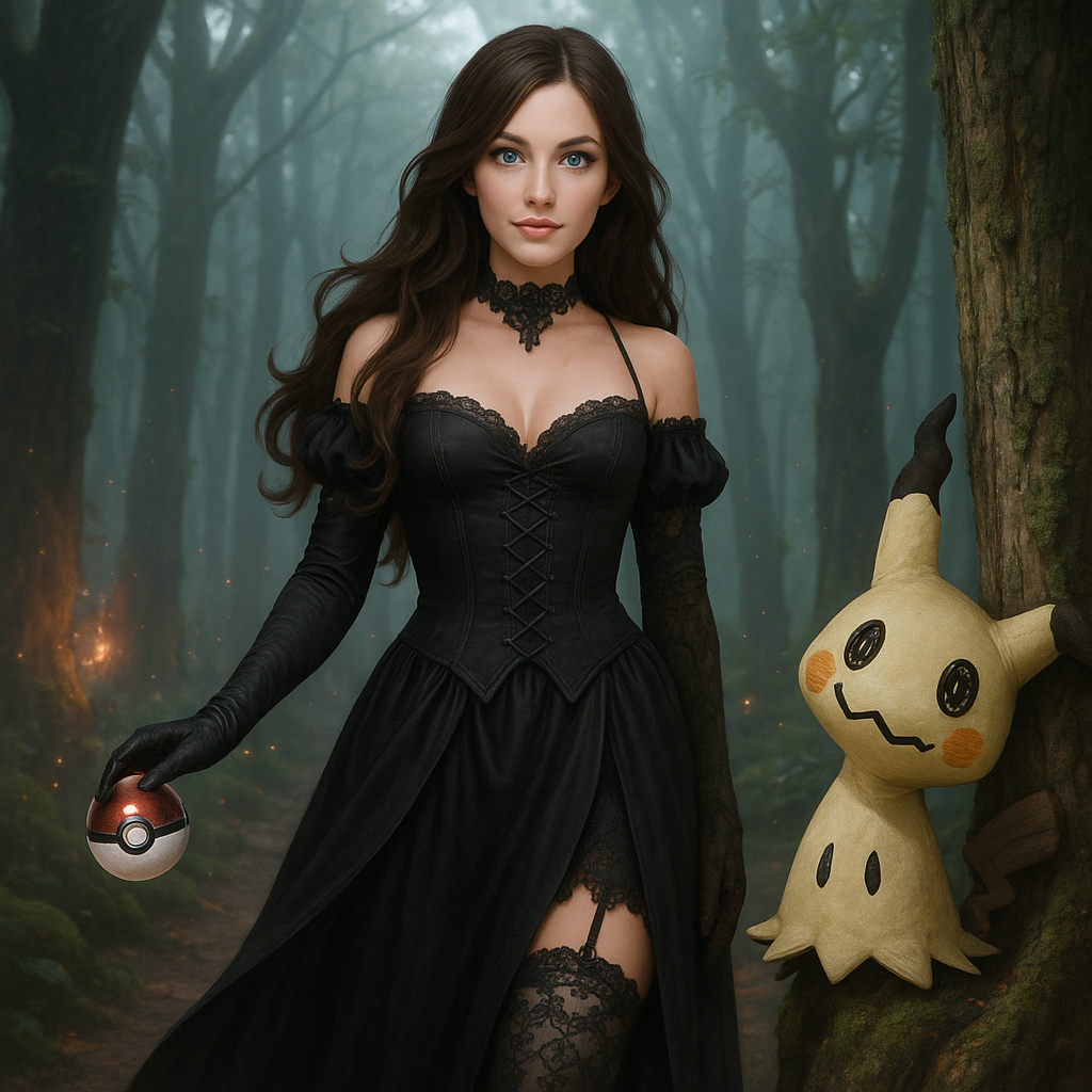 Make her hair brown and have blue eyes and holding a pokeball with a Mimikyu sitting in front of her off to the right