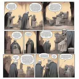 A 4-page 2D comic strip. 1st page: Three men greeting an old grandmother. 2nd page: Evil king sitting on his throne. 3rd page: The three men defeating the evil king. 4th page: One man mourning by two graves