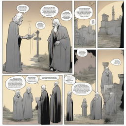 A 4-page 2D comic strip. 1st page: Three men greeting an old grandmother. 2nd page: Evil king sitting on his throne. 3rd page: The three men defeating the evil king. 4th page: One man mourning by two graves