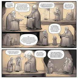 A 4-page 2D comic strip. 1st page: Three men greeting an old grandmother. 2nd page: Evil king sitting on his throne. 3rd page: The three men defeating the evil king. 4th page: One man mourning by two graves