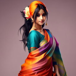 Hinata from Naruto wearing a colorful, intricate saree, standing in an elegant pose, with her shy smile.