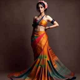 Hinata from Naruto wearing a colorful, intricate saree, standing in an elegant pose, with her shy smile.