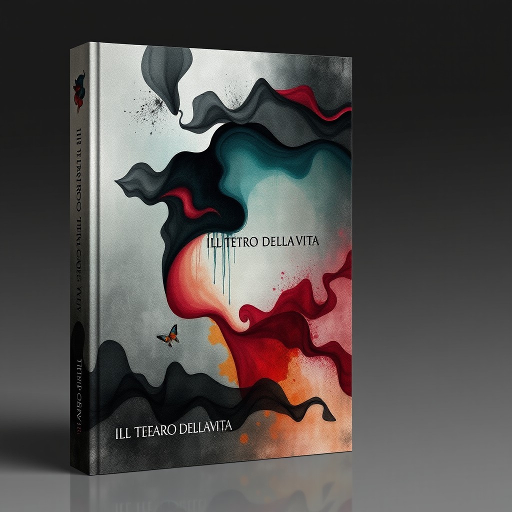 An imaginative book cover and back cover design for a poetry collection titled "Ill Teatro Della Vita"
