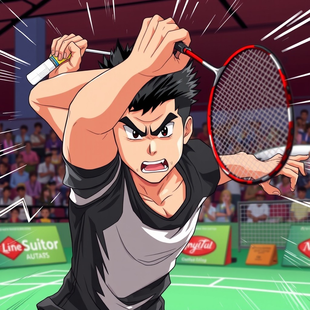 An anime-style illustration of a determined man with short black spiky hair, intensely focused while executing a powerful badminton smash