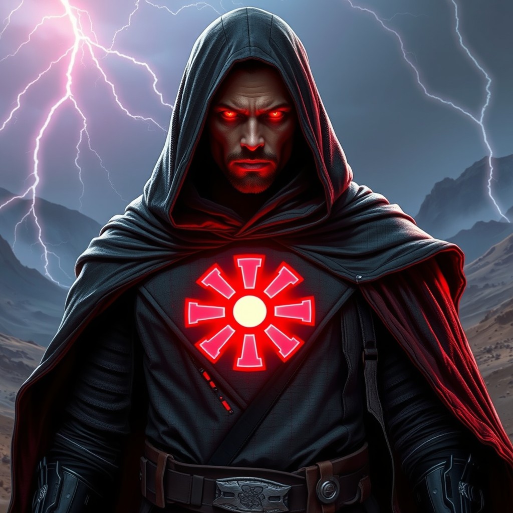 A realistic depiction of a Sith knight, clad in a tattered cape, featuring a neon red emblem of the Empire prominently displayed on his chest