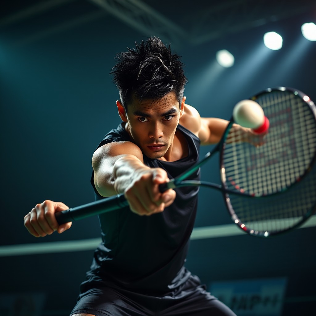 A determined man with short black spiky hair, fiercely focused while executing a powerful badminton smash, set in a dark and moody atmosphere