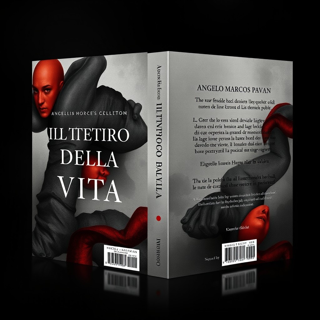A thought-provoking book cover and back cover design for a poetry collection titled "Ill Teatro Della Vita" by author "Angelo Marcos Pavan", published by "Novelo Editorial"
