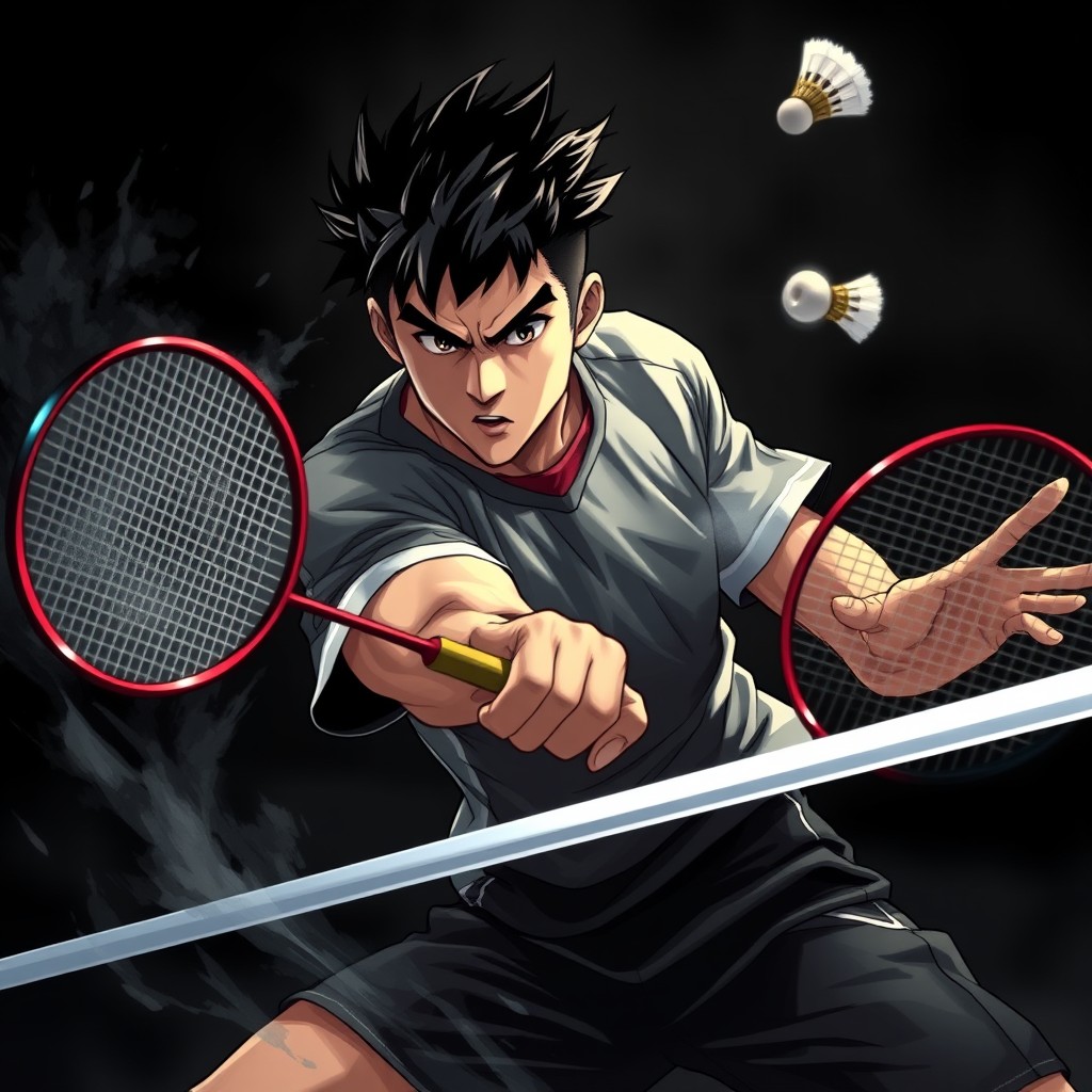 A striking illustration of a determined man with short black spiky hair, engaged in a badminton match