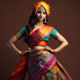 Hinata from Naruto wearing a colorful, intricate saree, standing in an elegant pose, with her shy smile.