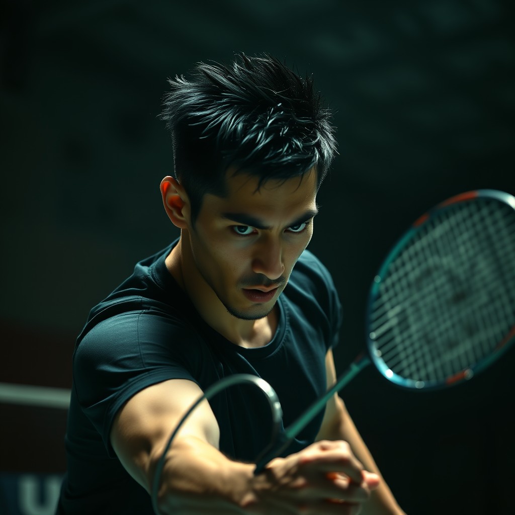A determined man with short black spiky hair, in the midst of a badminton match, captured with a fierce intensity
