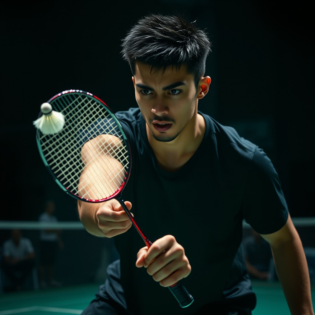 An intense portrayal of a determined man with short black spiky hair, gripping a single badminton racket in the heat of a match