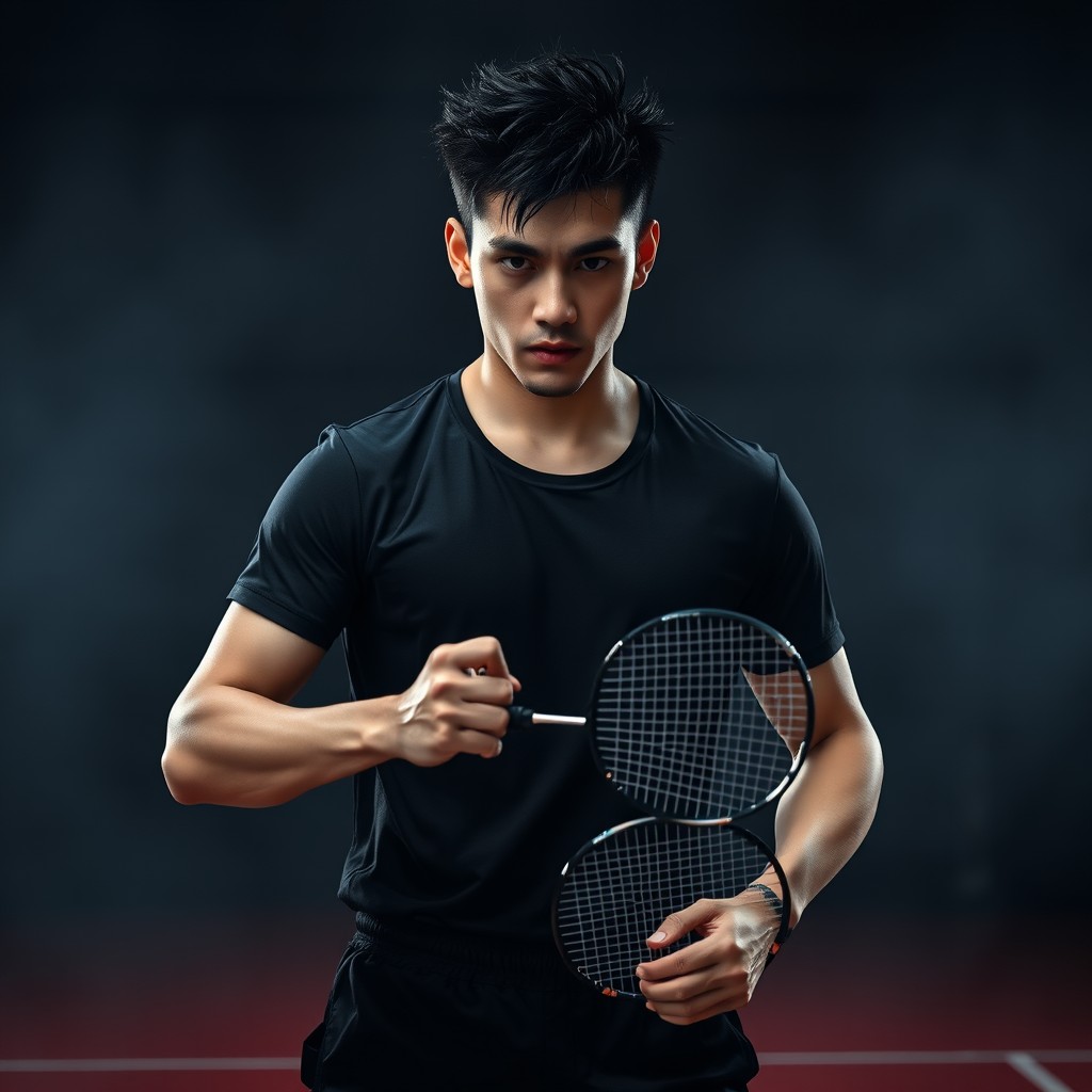 A dynamic image of a determined man with short black spiky hair, standing confidently on a badminton court