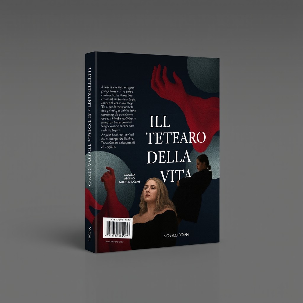 A striking book cover and back cover design for a poetry collection titled "Ill Teatro Della Vita" by author "Angelo Marcos Pavan", published by "Novelo Editorial"