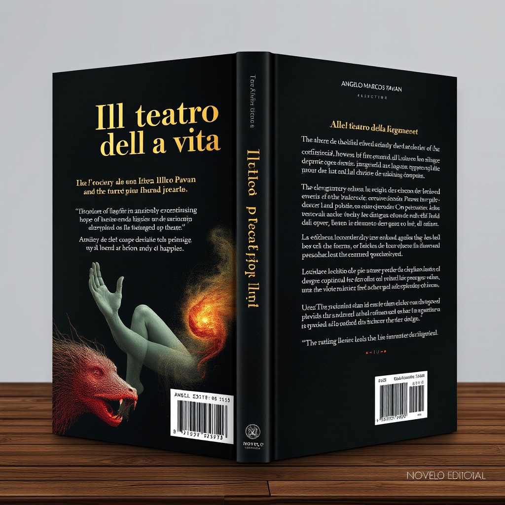 A book cover and back cover design for a poetry collection titled "Ill teatro della vita" by author "Angelo Marcos Pavan" published by "Novelo Editorial"