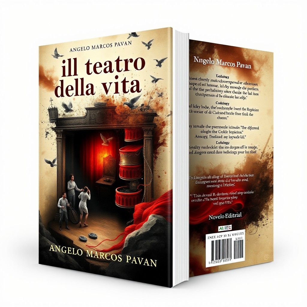 A visually striking book cover and back cover design for a poetry collection titled "Ill teatro della vita" by author "Angelo Marcos Pavan" published by "Novelo Editorial"