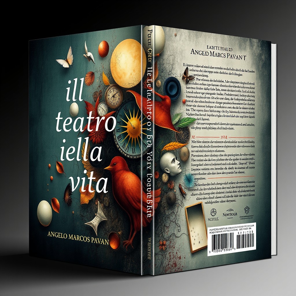 A visually captivating book cover and back cover design for a poetry collection titled "Ill teatro della vita" by author "Angelo Marcos Pavan", published by "Novelo Editorial"