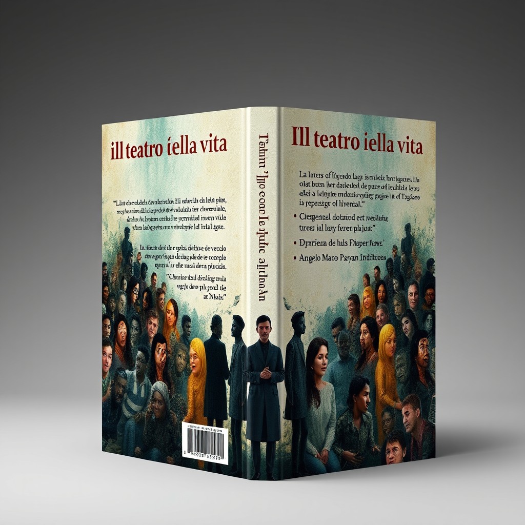 A captivating book cover and back cover design for the poetry collection titled "Ill teatro della vita" by author "Angelo Marcos Pavan", published by "Novelo Editorial"