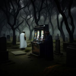 A Kuntilanak (ghostly figure) playing a slot machine in a cemetery with an elderly Hajj pilgrim, in the middle of a haunting forest.