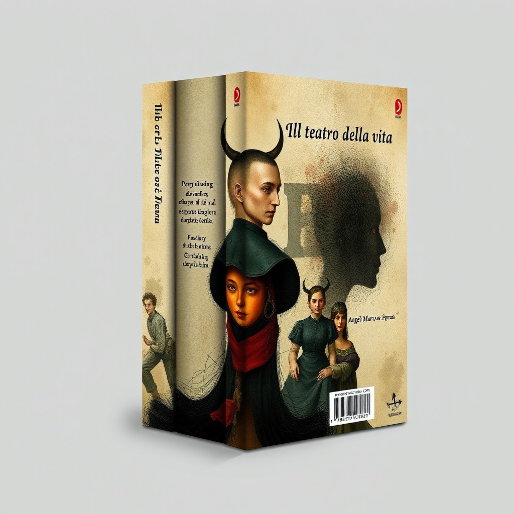An evocative book cover and back cover design for a poetry collection titled "Ill teatro della vita" by author "Angelo Marcos Pavan", published by "Novelo Editorial"