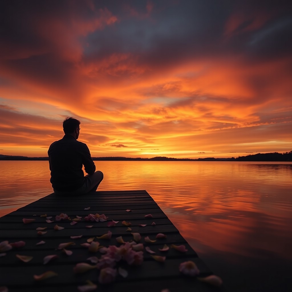 An evocative scene emphasizing the beauty of a sunset as it envelops a solitary figure sitting on a dock by a calm lake