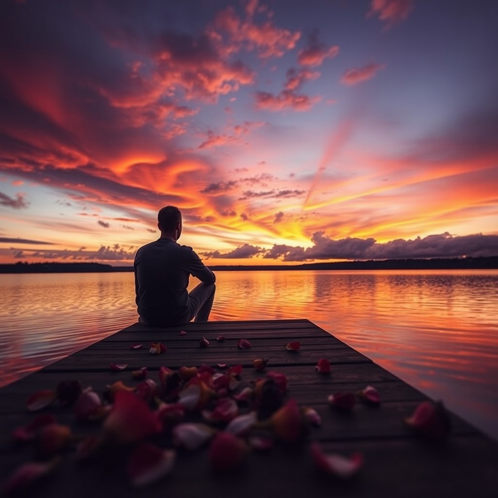 An evocative scene focusing on a vibrant sunset that stretches across the sky, enveloping a solitary figure sitting on a dock by a calm lake