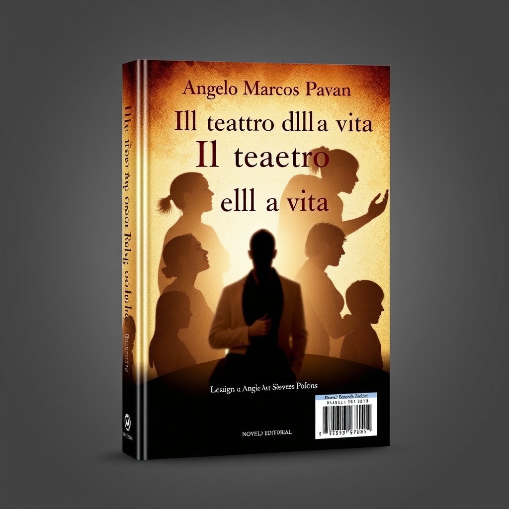A unified book cover and back cover design for a poetry collection titled "Ill teatro della vita" by author "Angelo Marcos Pavan", published by "Novelo Editorial"