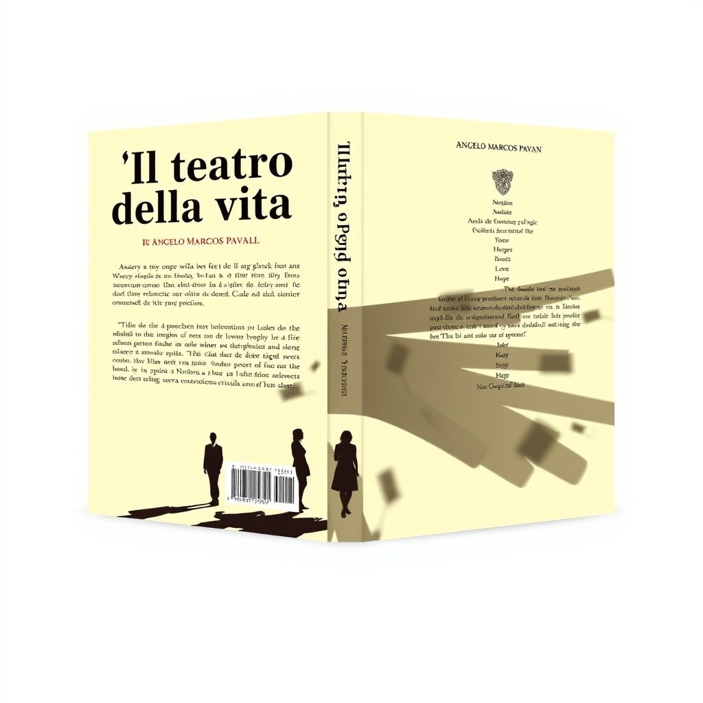A striking book cover and back cover design for a poetry collection titled "Ill teatro della vita" by author "Angelo Marcos Pavan", to be published by "Novelo Editorial"