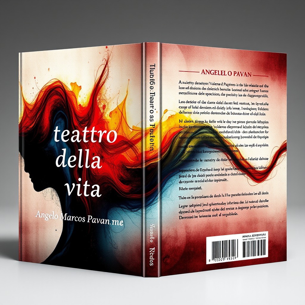 A captivating book cover and back cover design for a poetry collection titled "Ill teatro della vita" by author "Angelo Marcos Pavan", published by "Novelo Editorial"