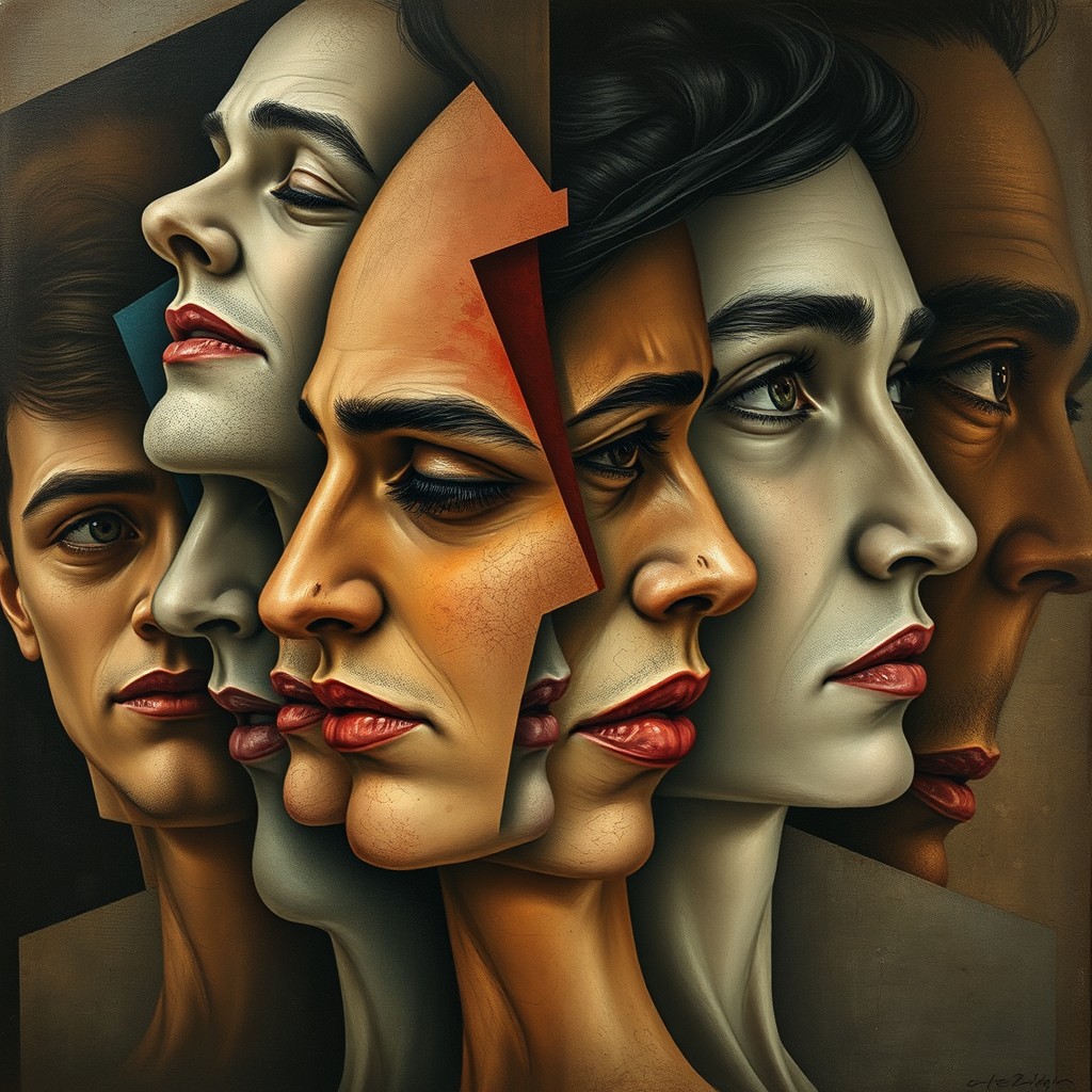 A surreal composition of overlapping human faces expressing a range of emotions including joy, sorrow, anger, and serenity